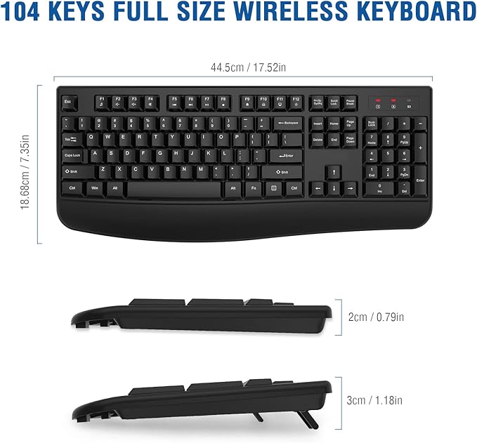 EDJO Wireless Keyboard, 2.4G Ergonomic Full Size Wireless Computer Keyboard with Wrist Rest for Windows, Mac OS Desktop/Laptop/PC(Black)