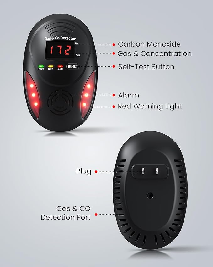 Carbon Monoxide Detectors and Natural Gas Detector, Carbon Monoxide Detectors Plug in, Dual Alarms Gas Leak Detector with Light - Natural, Co Leak Detection for Home, RV Essentials, Black, 1Pcs