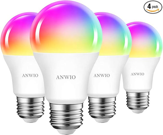 ANWIO 4-Pack Smart Light Bulbs 8.5W (60W Replacement) A19 E26 LED Bulb Work with Alexa, Google Assistant, Smart Life App, Tuya App, Color Changing, No Hub Required