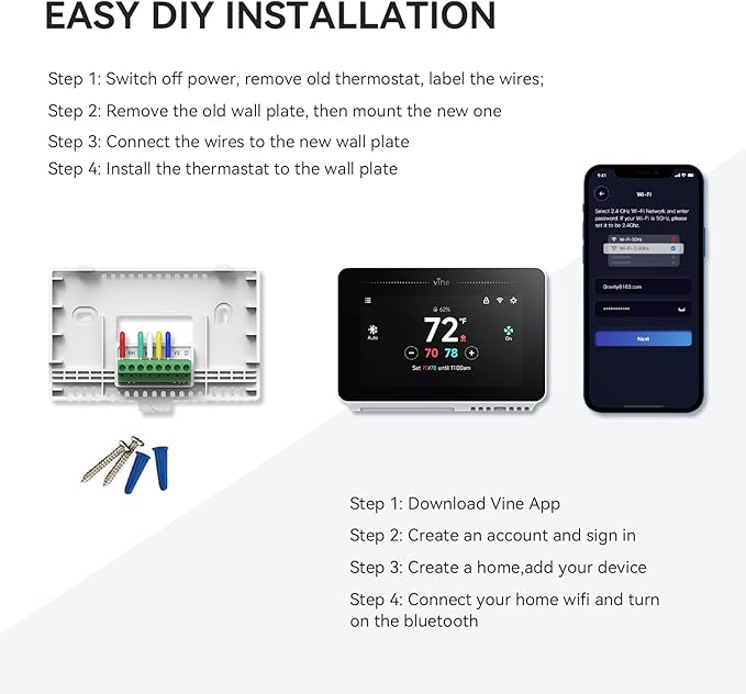 vine Programmable Thermostat for House with 4.3" Touch Screen, WiFi Smart Home Thermostat for AC and Heating, App/Voice Control, Compatible with Alexa and Google Assistant, C-Wire Required, TJ-919T