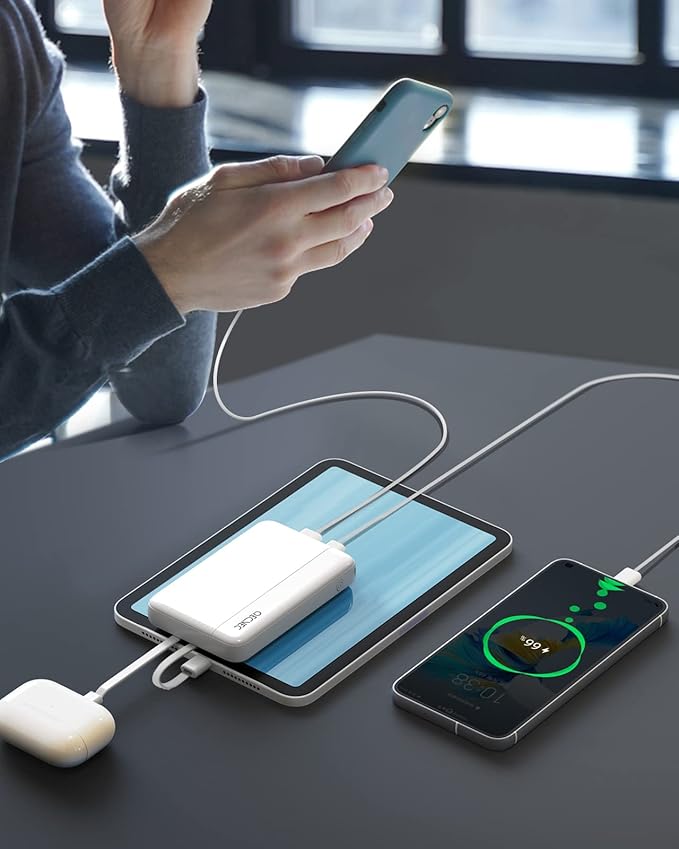 Power Bank 10000mAh, Portable Charger with Built-in Cables, 22.5W PD Fast Charging for iPhone & Android Devices, Ultra-Compact Travel Essential, Pocket-Sized Design-White