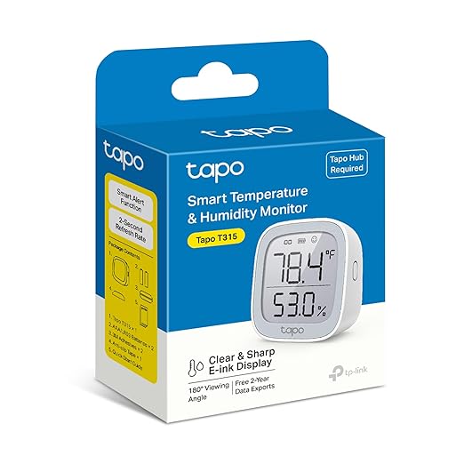 TP-Link Tapo Smart Temperature and Humidity Monitor, 2.7" E-Ink Display, Swiss-Made Sensor, Real-Time Notification, Visual Graphics, Requires Tapo Hub, White, T315