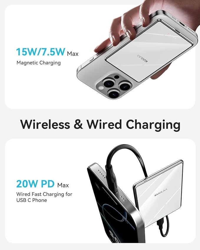 Kuulaa Magsafe Battery Pack 0.27'' 5000mAh Ultra Slim Magnetic Portable Charger Power Bank Support USB C PD 20W Fast Charging, Compatible with iPhone 16 Pro Max/15/14/13/12 Mini, White