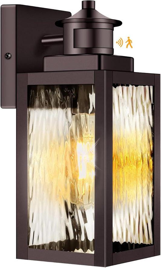 11.6" Motion Sensor Outdoor Wall Lights, Waterproof Exterior Lighting Fixtures with Water-Rippled Glass, Brown Modern Outside Wall Sconce Lanterns for House, Porch, Garage, Patio, Bulbs Not Included
