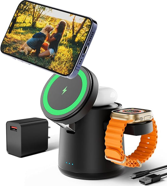 2025 Upgrade 3 in 1 Charging Station for Apple MagSafe Charger, Adjustable Portable Wireless Charging Stand, Fast Wireless Charger Dock for iPhone 16 15 14 13 12 Pro Max & Apple Watch AirPods (Black)