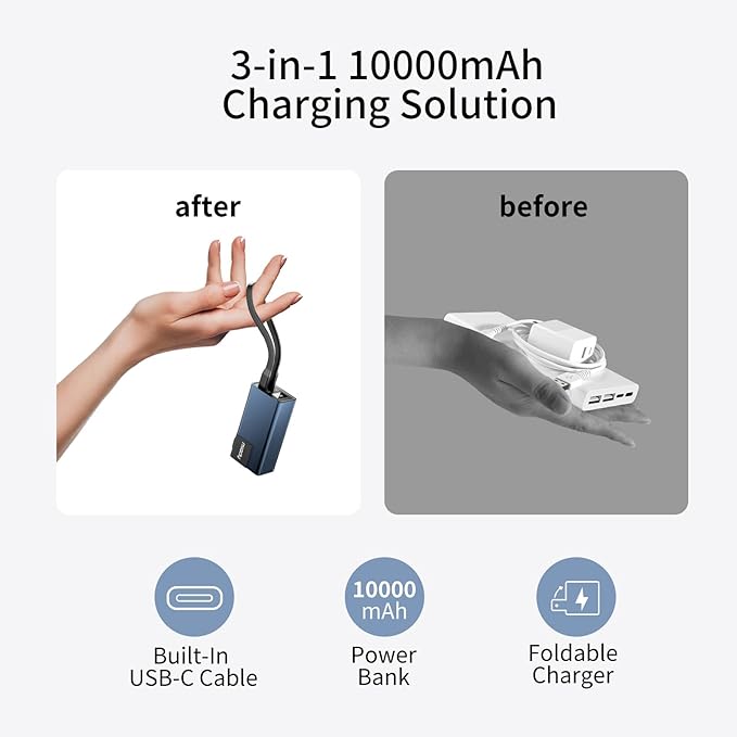 Miady Portable Charger Built-in Foldable Wall Plug, PD 30W 10000mAh Compact Power Bank has USB-C Cable & LED Display, Travel Essential Battery Pack Compatible with iPhone Galaxy Smartphones (Black)