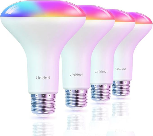 Linkind BR30 Smart Light Bulbs, WiFi Flood Light Bulbs Compatible with Alexa & Google Home, RGBTW Color Changing Light Bulb, 1800K-6500K Tunable White, E26 8W Equivalent 60W, 2.4Ghz WiFi only, 4 Pack