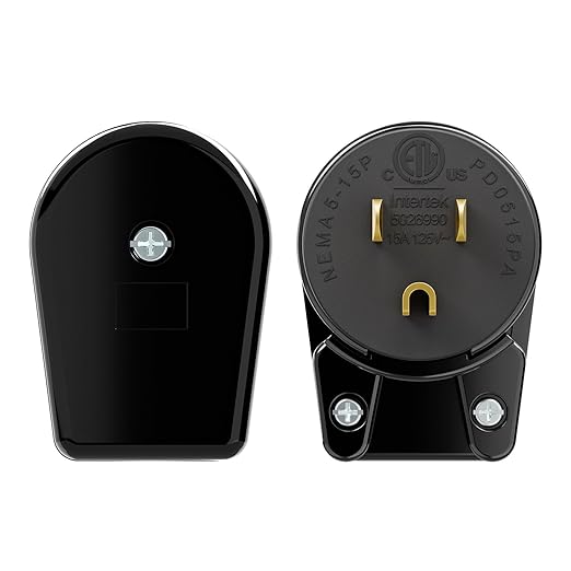 (10 Pack) Nema 5-15P 90 Degree Right Angle Plug, 15A 125V, ETL Verified, Black