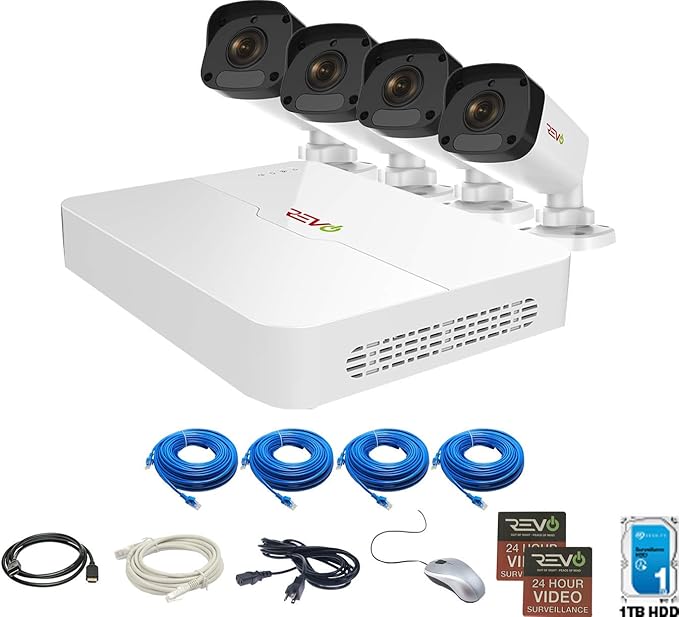 REVO America Ultra HD 4 Ch. 1TB HDD IP NVR Video Surveillance System, 4 x 1080p Bullet Security Cameras - Remote Access via Smart Phone, Tablet, PC & MAC, White (RU42B4E-1T)