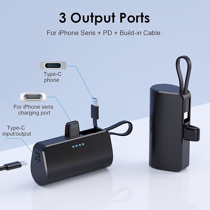 Mini Portable Charger for iPhone with Built-in Type-C Cable, 5200mAh Ultra-Compact Power Bank, PD 20W Fast Charging Battery Pack Phone Charger for iPhone 16/15/14/13/12, Samsung, Google, Android