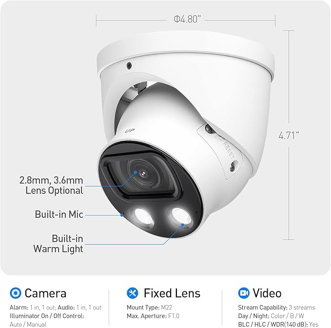 EmpireTech IPC-Color4K-T 4K Full-Color Ultra Low Light 8MP 1/1.2" CMOS Smart AI Starlight Turret IP Camera,Build-in Warm LED, Built-in Mic,SMD 3.0,PoE and ePoE,IPC-Color4K-T 3.6mm White