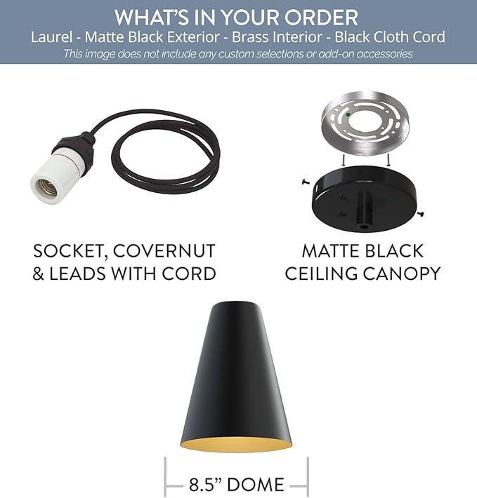 Steel Lighting Co. Laurel Pendant Light | Ceiling Mounted | 8.5 inch Cone Shade | Modern Contemporary Farmhouse Style Made in America | Black Cloth Cord | Matte Black Exterior/Brass Interior