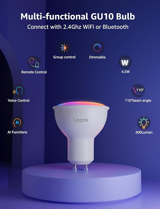 Lepro BG1 AI GU10 Smart Bulb - RGBCW Dimmable Color Changing LED Bulbs, Compatible with Alexa & Google Assistant, AI Voice Control via App(No Remote), AI Music Sync, 2.4G WiFi Only, 4 Pack