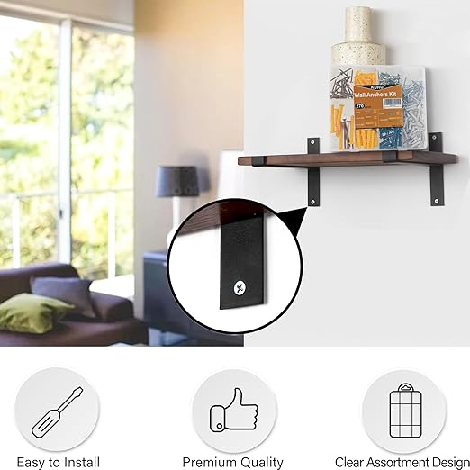 KURUI Drywall Anchors and Screws Assortment Kit 270PCS, 135 Plastic Dry Wall Expansion Anchors and 135 Philips Flat Head Wood Screws, 5 Sizes Wall Hanging Kit for Art Decor, Replaces Picture Nails