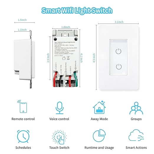 Nexete Smart Light Switch,2.4GHz Wi-Fi Single Pole Touch Switch, Timmer Voice & Smart Life App Control,Compatible with Alexa Google Assistant,Neutral Wire Required,White (Single & Dual Switches)
