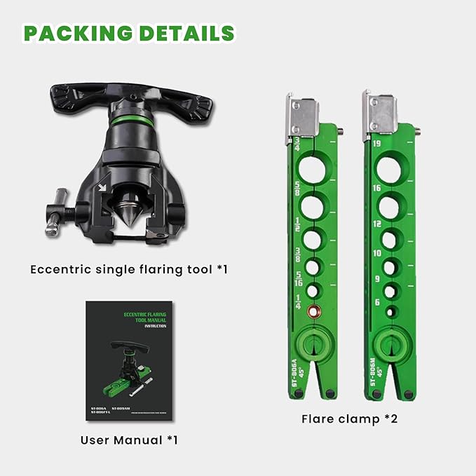 Flaring Tool, Tube Pipe 8 Die Sizes 1/4", 5/16", 3/8", 1/2", 5/8", 3/4" Single Flaring Tool HAVC with 2 Flare clamp, 45° Eccentric Tube Flare Tool with Clutch Limit Platefor Copper Aluminum Tubing