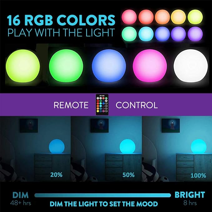 Mr.Go 20-inch Rechargeable LED Ball Light, Waterproof Outdoor Globe Lights w/Remote, 16 RGB Color Changing Glowing Orb, 4400mAh Dimmable Globe Floor Lamp for Home Garden Patio Lawn Pool Party Decor