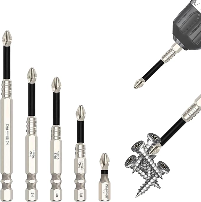 HUHAO 5Pcs High Magnetic Screwdriver Drill Bit Set, K5 Impact-Resistant and Nonslip Bit, Anti Slip Screwdriver Bits for Dry Wall, Sheetrock, Electric Drills - High Magnetic Strength & High Hardnes