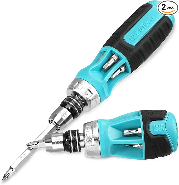 DURATECH 2PCs Ratcheting Screwdriver Set, 12-in-1 Multi-bit Standard/Stubby Screw Driver Set, Premium S2 Steel, Innovated Bits Quick-Load Mechanism, with Phillips, Slotted, Torx, Square Bits