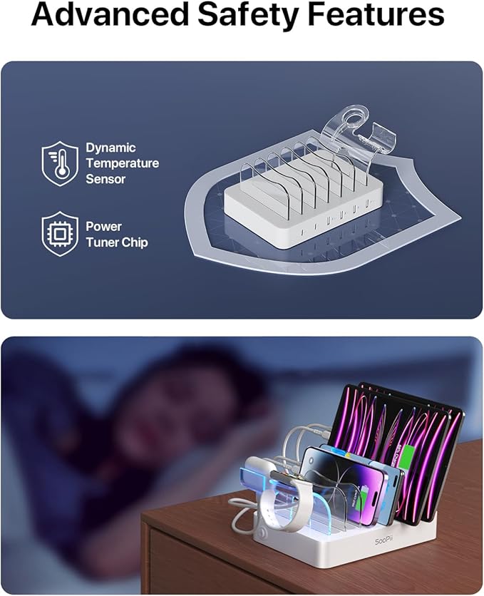 SooPii Premium 6-Port USB Charging Station Organizer for Multiple Devices, 6 Short Charging Cables and One Upgraded i-Watch Charger Holder Included, for Phones, Tablets, and Other Electronics, White