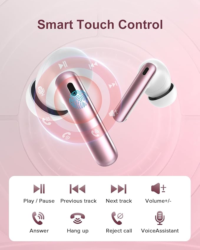 Wireless Earbuds, 42H Playtime Bluetooth 5.3 Headphones, HiFi Stereo Call Noise Cancelling Earbuds, IPX7 Waterproof Stereo in-Ear Earphones with LED Display for iOS Android (Elegant Rose Gold)