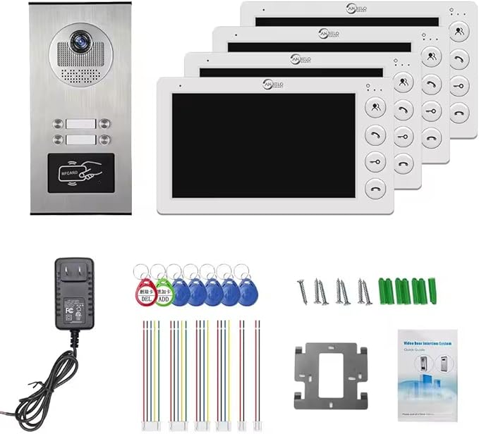 Video Apartment Intercom System,6 Units 7 inch Monitor Wired Video Door Phone Kit,Indoor Outdoor Video Doorbell,ID Keyfobs Unlock,2 Way Audio,6-Screen for Home Apartment (1 Doorbell+4 Monitor)