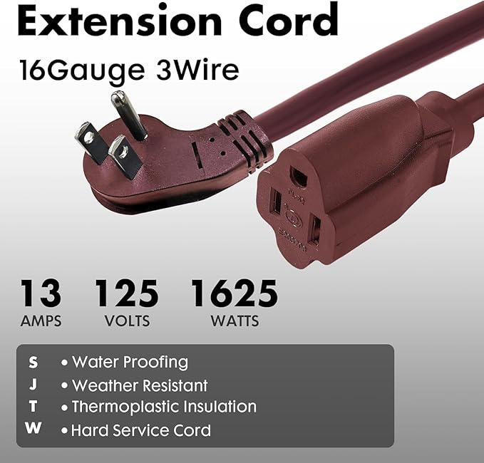 Indoor Flat Plug Brown Extension Cord 1ft, UL Listed, 16/3 SJTW 3 Prong Heavy Duty, 16 Gauge 13A Power Cord for Lights, Appliance, Home, Office