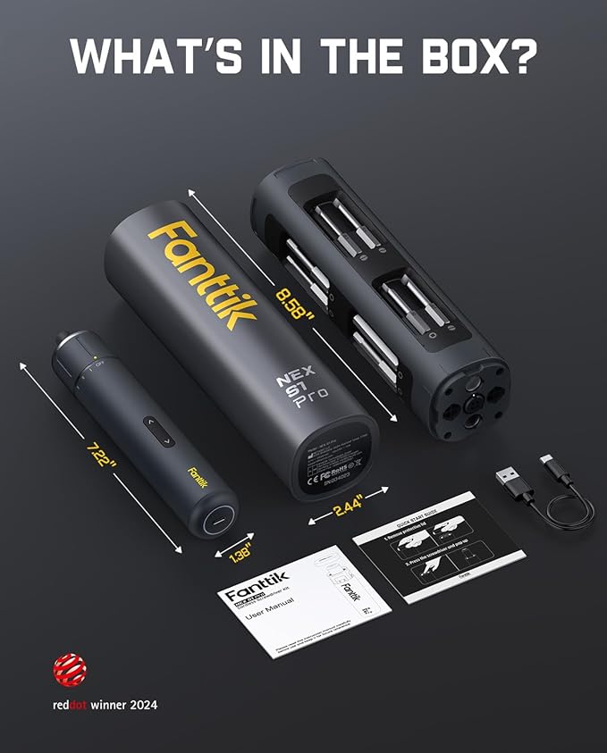 Fanttik S1 Pro Electric Screwdriver, Power Screwdriver with16 S2 Steel Bits, 3 Torque Settings, Max 6 N.m, 2000mAh Battery, LED Light & 1/4''Hex, Ideal Tool for Furniture & Gaming PC