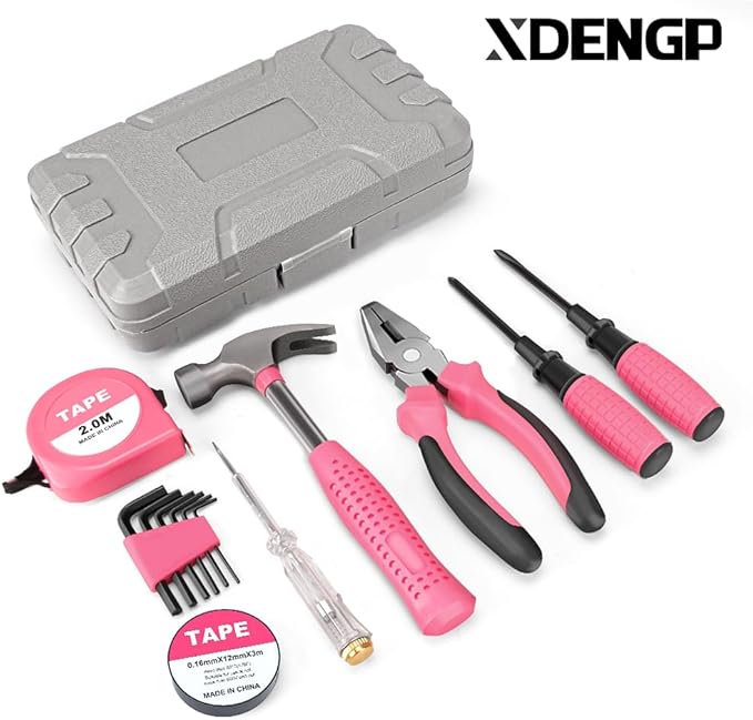 13 Piece Pink Tool Set, Mini Tool Box for Women. Home Tool Kit with Plastic Storage Toolbox for All Purpose Office, Garage, Apartment and College Dorm