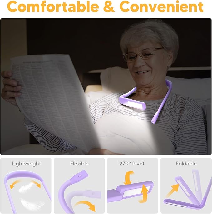 Purple Neck Light with Storage Case, 10-80Hrs Eye-friendly Book Reading Lamp, Knitting Crochet Sewing Craft Light Rechargeable Adjustable, Christmas Birthday Gifts for Book Lovers Knitters Crafters
