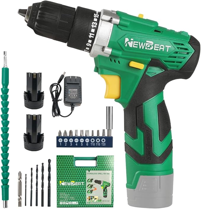 NEWBEAT Cordless Drill Set, 12V Power Drill Driver with 2 Batteries and Charger, 3/8" Keyless Chuck, 2 Variable Speed, 15+1 Torque Setting Electric Drill, Power Tools Kit for Home and DIY Project