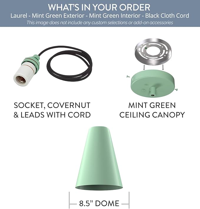 Steel Lighting Co. Laurel Pendant Light | Ceiling Mounted | 8.5 inch Cone Shade | Modern Contemporary Farmhouse Style Made in America | Black Cloth Cord | Mint Green Exterior/Mint Green Interior