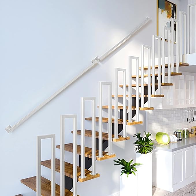 5FT White Iron Hand Railing, Sturdy Safety Staircase Handrails Wall Mount, 500lbs Load Capacity Industrial Iron Railing Pipe Handrail for Indoor Stairs, Outdoor Deck Loft Porch, Non-Slip and Rust