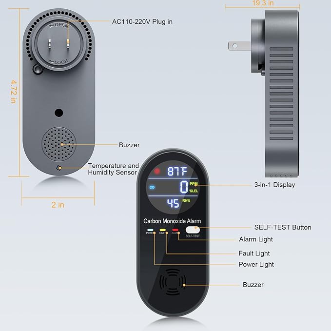 3 Packs Carbon Monoxide Detectors, Plug in Carbon Monoxide Detector Travel with Real-time Digital Display, 3-in-1 Portable CO Detector Alarm with Temp Humidity Sensor, Easy to Read & Install
