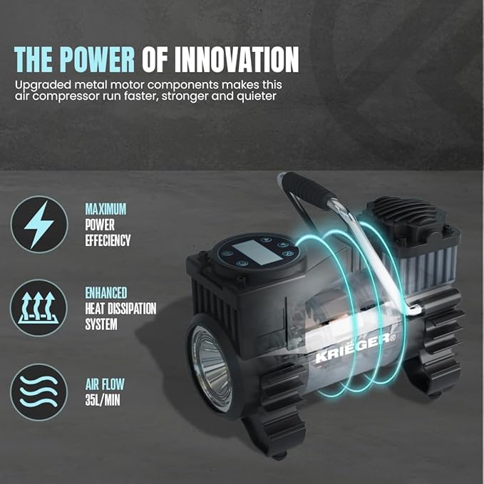 K KRIËGER Air Compressor Portable Tire Inflator 12V DC Air Pump for Car Tires with Digital Tire Pressure Gauge 120 Max PSI Preset Pressure Feature, LED, Digital Display Includes Storage Bag