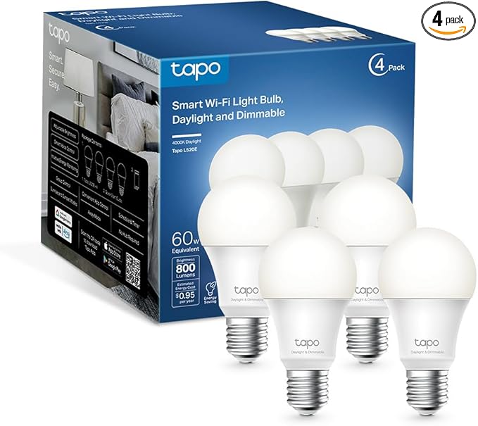 Tapo TP-Link Smart Light Bulbs - Natural Daylight, Dimmable, Compatible w/Alexa and Google Home, A60 Bulb/E27 Base, 60W Equivalent, 800LM CRI>90, 2.4GHz WiFi Only, No Hub Required, L520E(4-Pack)