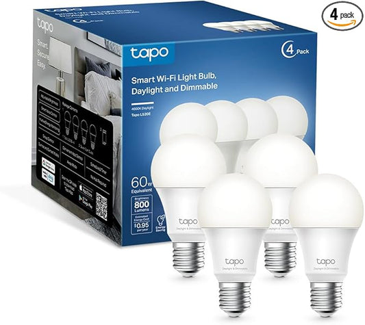 Tapo TP-Link Smart Light Bulbs - Natural Daylight, Dimmable, Compatible w/Alexa and Google Home, A60 Bulb/E27 Base, 60W Equivalent, 800LM CRI>90, 2.4GHz WiFi Only, No Hub Required, L520E(4-Pack)