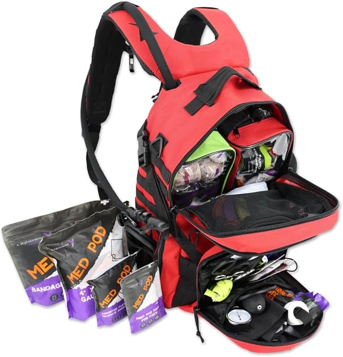 Lightning X Stocked Modular Trauma & Bleeding First Aid Responder Medical Backpack + Kit + Hydration Bladder - Red w/Hydration Bladder