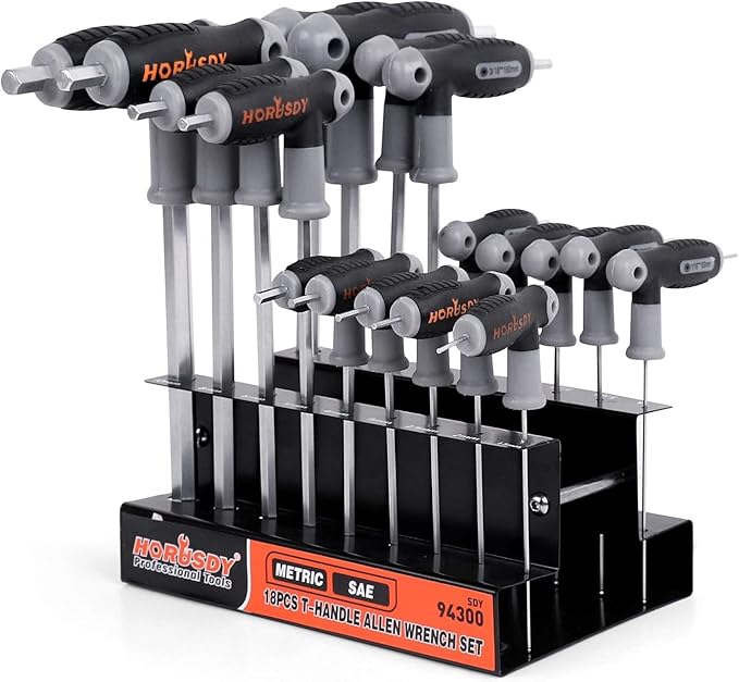 HORUSDY 18-Piece T-Handle allen wrench set, Inch/Metric Long Arm Ball End Hex Key Wrench Set, MM(1.5mm-10mm) SAE(1/16"-3/8")