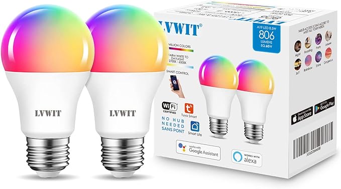 LVWIT Smart Light Bulb 2 Pack, A19 Smart LED, Work with Alexa, Smart Life App, Tuya App, 8.5W (60W Replacement), 2700K-6500K, E26 RGB Color Changing Bulb, No Hub Required