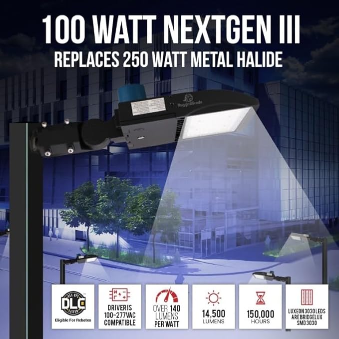100 Watt LED NextGen III Parking Lot Lights - 14,500 Lumen - 5000K - Slip Fit Mount - Without Photocell