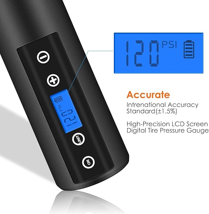 150 PSI Tire inflator portable air compressor with LCD Display Emergency LED Light Rechargeable Li-ion Batteryd Electric Cordless Air Pump for Cars, Motorbikes, Balls, Swim rings and All Bicycles