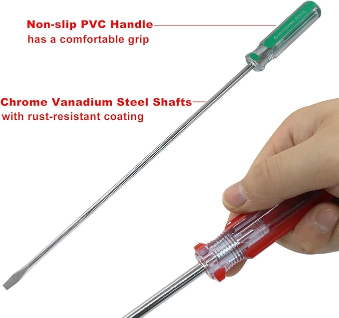 10 Inch Long #1 Phillips & 5mm Slotted Screwdriver 2-Piece Set, Magnetic Tip Flat Blade Cross-head Screwdrivers (Red, Green)