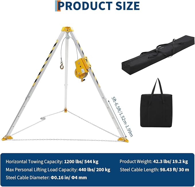 Confined Space Tripod Kit, 1200 lbs Winch, 6.5' Legs & 98' Cable, Steel Confined Space Rescue Tripod with Storage Bag for Traditional Confined Spaces Safety