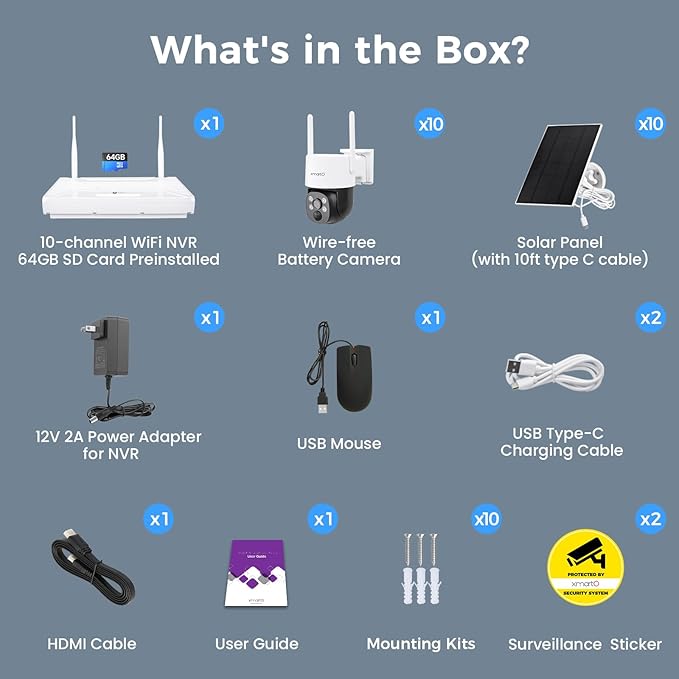 XMARTO 100% Wire-Free Solar PTZ Home Security Camera System Wireless, 10-Set 2K 4MP QHD CCTV Camera Kit with 4K 10CH Expandable WiFi NVR and Past 90-Day Video Storage, All-Weather Solar Charge