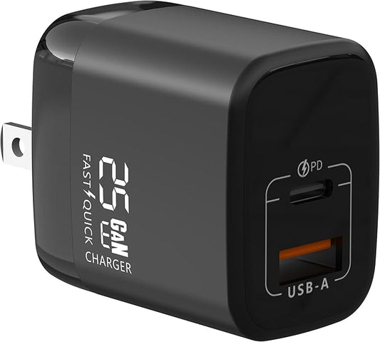 Fast 25W Dual USB-C Plus USB-A Charger - GaN Power Delivery - Fast Compact Power Adapter for Laptops, Smart Phones, Tablets and Thousands of Other Devices (Black, 25W)