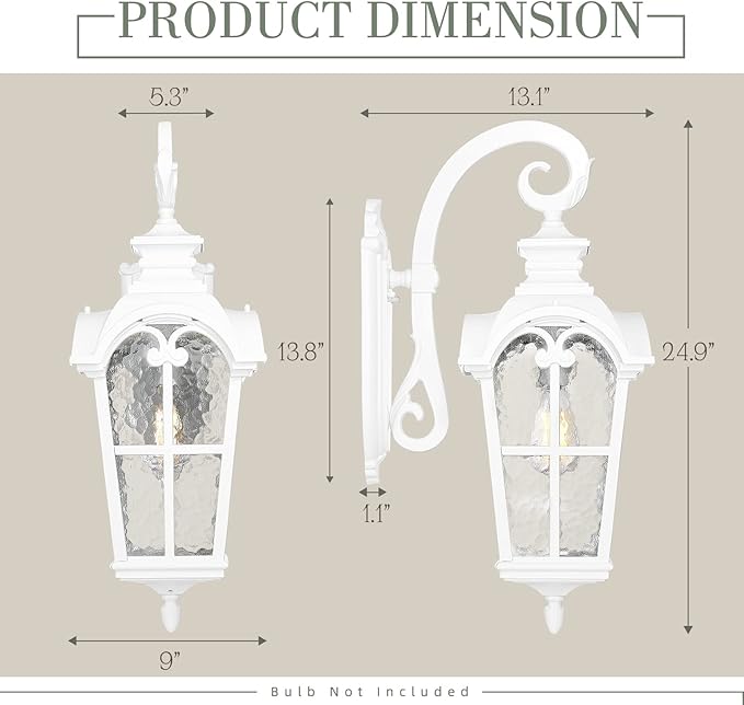 Emliviar 1-Light Modern Outdoor Porch Light Fixture, 25 Inch Large Exterior Wall Light, Die-Cast Aluminum with Water Grain Glass, White Finish, WE215BM WH