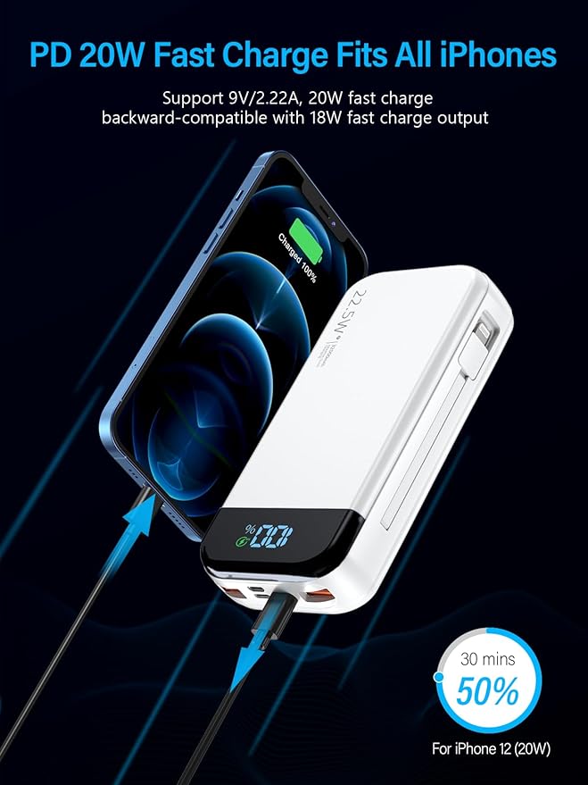 Portable Charger 32000mAh, 22.5W QC 3.0 PD 20W Smart LED Display Fast Charging Built in Cables Power Bank, External Battery Pack Charge 5 Devices Compatible with Cellphones (White)
