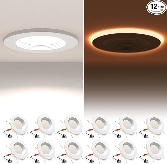 12 Pack 4 Inch LED Can Lights with Night Light, 5CCT Retrofit Recessed Lighting Selectable 2700K-6000K Dimmable, 9W=55W, 630LM Downlight with Metal Smooth Trim - ETL and Energy Star