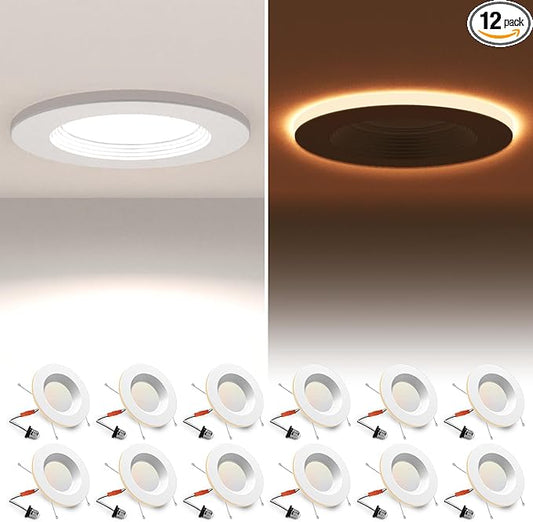 12 Pack 4 Inch LED Can Lights with Night Light, 5CCT Retrofit Recessed Lighting Selectable 2700K-6000K Dimmable, 9W=55W, 630LM Downlight with Metal Smooth Trim - ETL and Energy Star